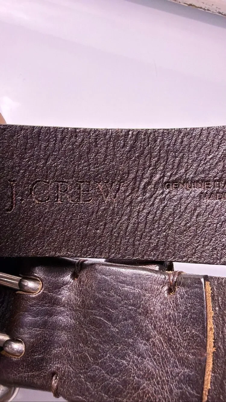 J Crew Genuine Leather Brown Double Prong Belt Rustic Distressed Classic Sz L